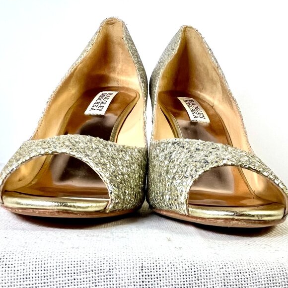 Badgley Mischka Gold Glitter Wedge Heels Size 7 1/2 - Picture 4 of 16